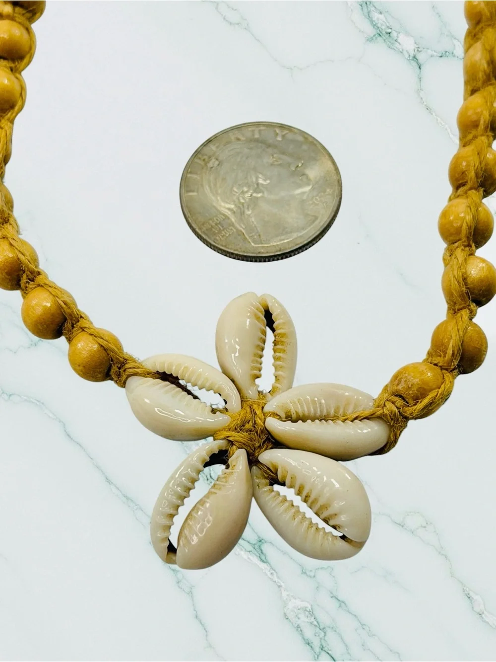 Cowrie Seashell Brown Wood Bead Necklace 18” Star Macrame Beach Boho Caribbean